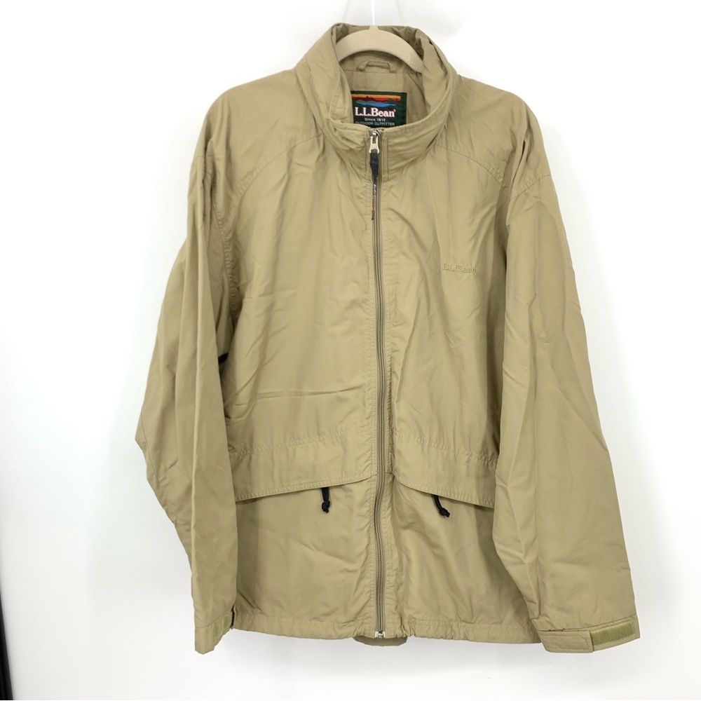 LL Bean Men Size XL Jacket Brown Beige Nylon Coat Windbreaker Rain‎ Zip Front
